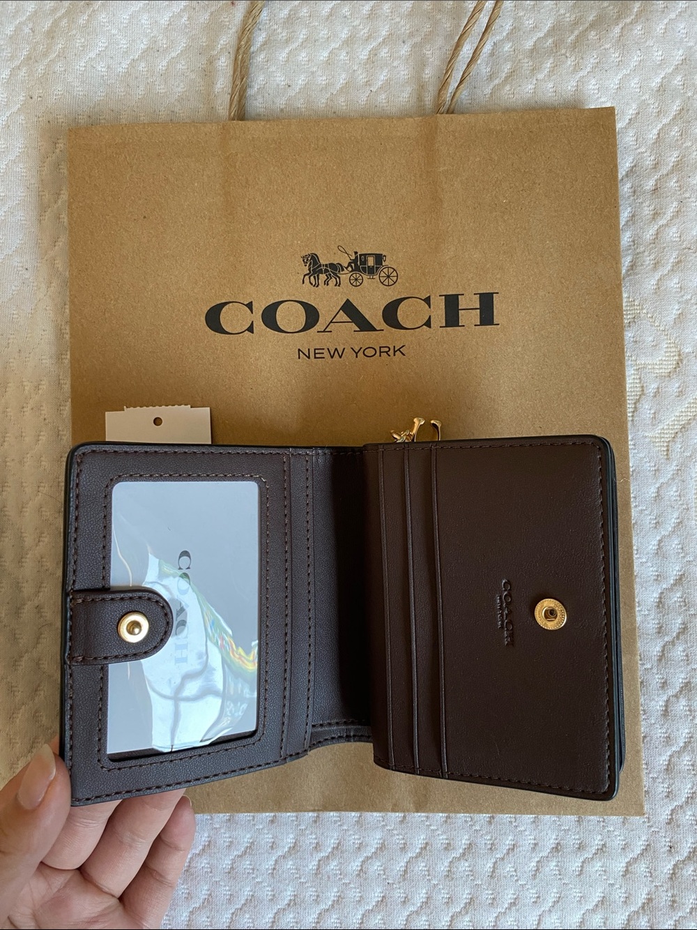 Coach Signature Snap Card Wallet - Truffle/Gold Chenille and smooth leather - Picture 4 of 6